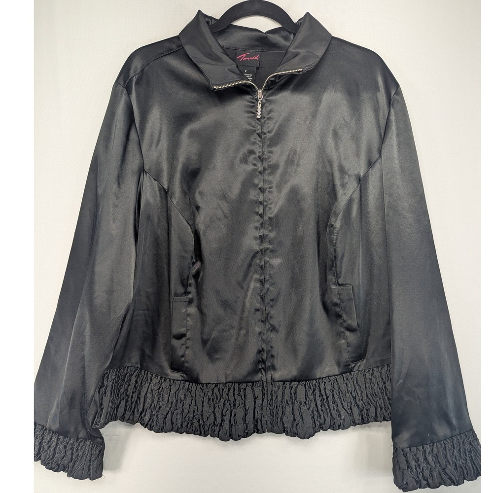 Torrid Womens Black Satin Zip Up Jacket Ruffle Smocked Trim Plus Size 2 2X